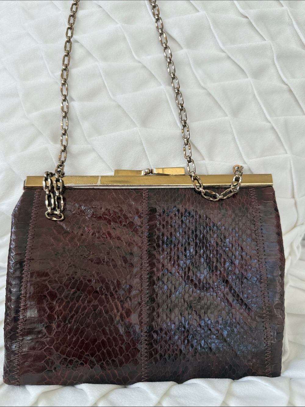 Vintage Classic Brown Snakeskin Frame Clutch Bag with chain